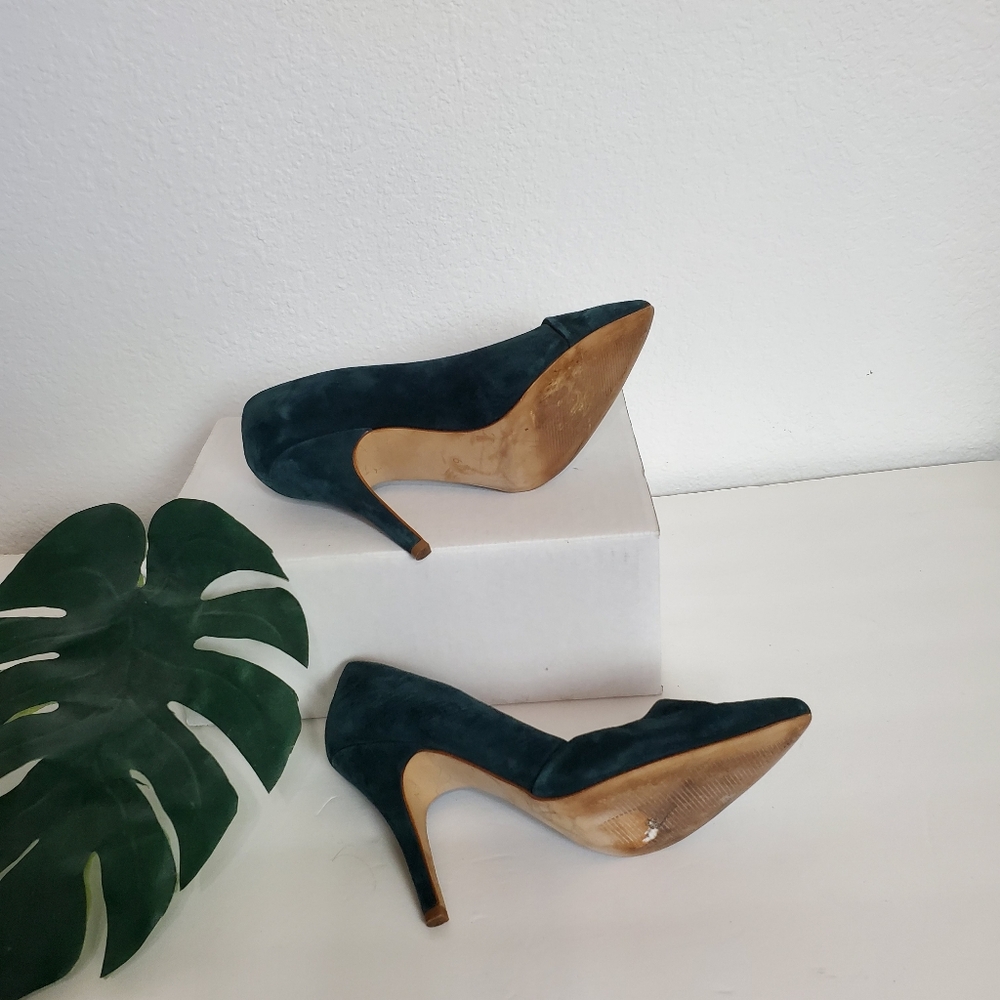 Madewell The Mira Suede Leather Pointed Toe Heel Pumps Shoes 6 1/2 Green Hunter - Picture 11 of 16